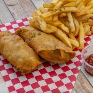 2 VEGETARIAN chop cheese egg- rolls with fries